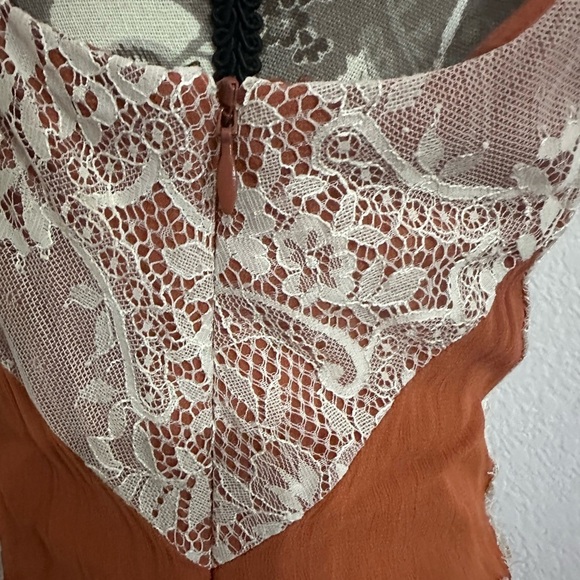 By Anthropologie Asymmetric Lace Midi Dress in Cedar Rust Orange Brown - Size 10 - Picture 7 of 10